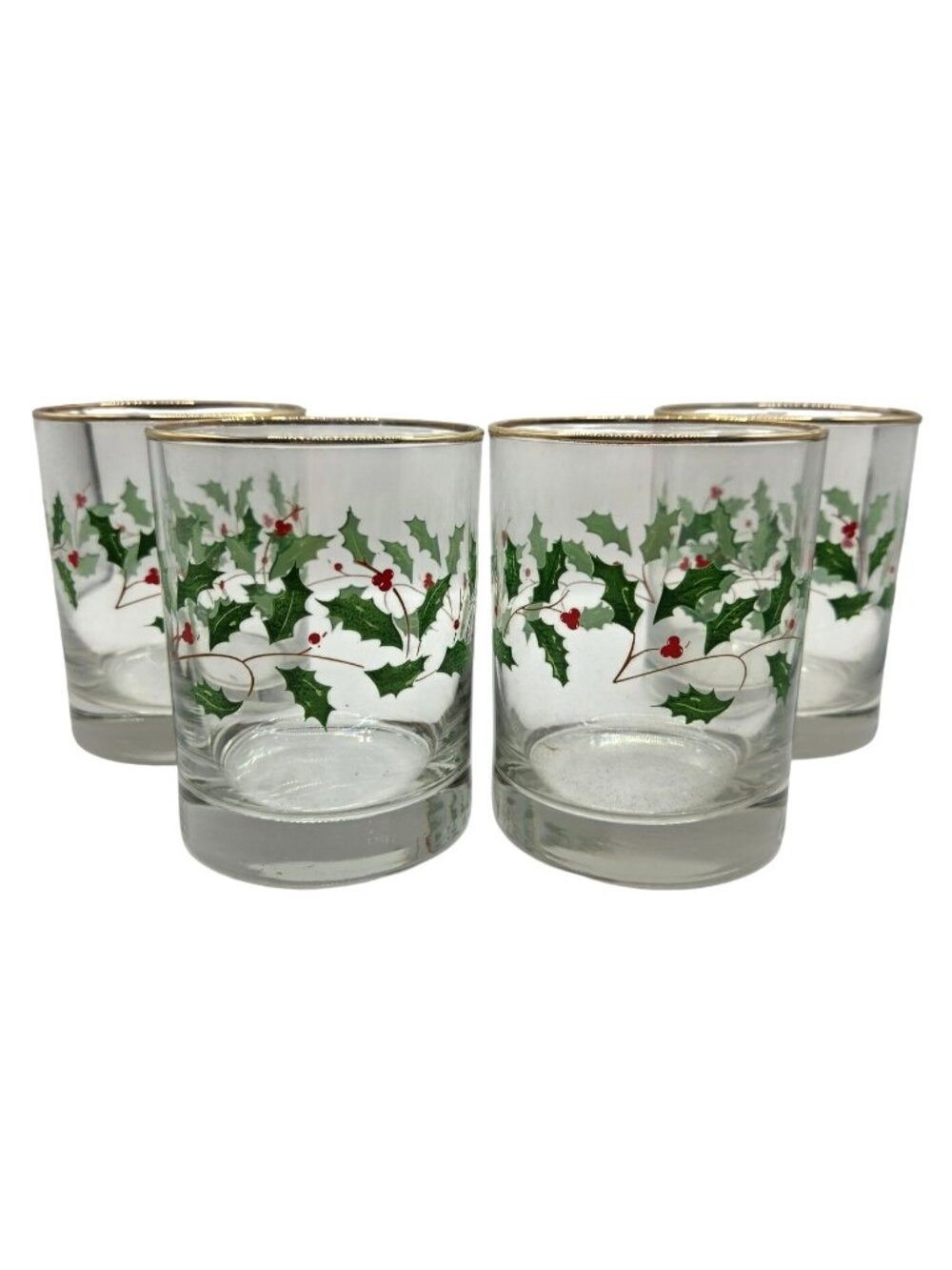 Vtg Arcoroc Old Fashioned Glasses 12oz Set-4 Christmas Holly Berry Holiday Gold